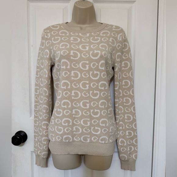 GUESS Beige Logo Sweater XL Tianna Boatneck Pullover | G Monogram Cozy Knit - Picture 3 of 6